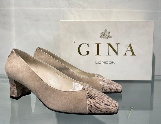 Gina New in Box Beige Suede & Animal Effect Leather Block Heel Court Shoes UK 4.5