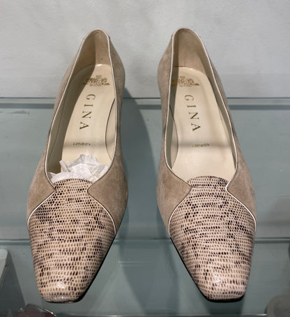 Gina New in Box Beige Suede & Animal Effect Leather Block Heel Court Shoes UK 4.5