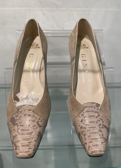 Gina New in Box Beige Suede & Animal Effect Leather Block Heel Court Shoes UK 4.5