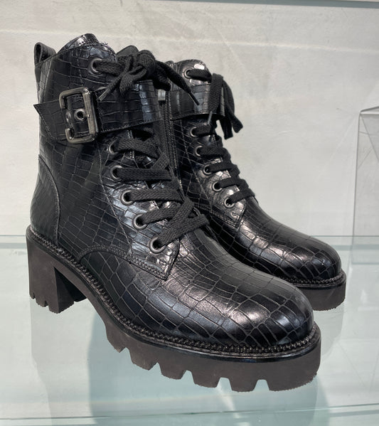 pg Paul Green New Croc Effect Black Leather Biker Style Block Heel Boots UK 4.5