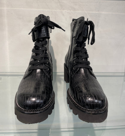 pg Paul Green New Croc Effect Black Leather Biker Style Block Heel Boots UK 4.5
