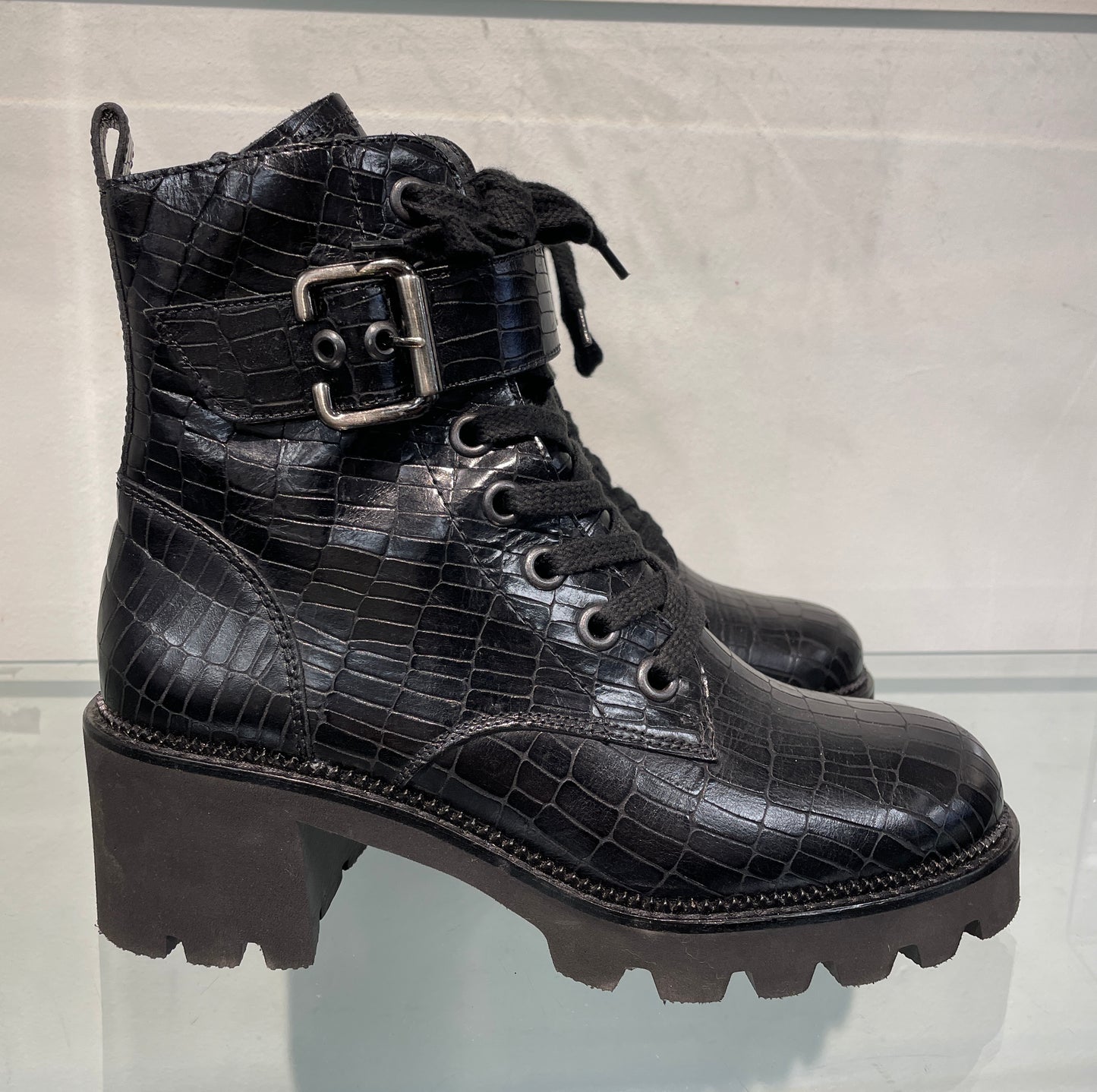 pg Paul Green New Croc Effect Black Leather Biker Style Block Heel Boots UK 4.5