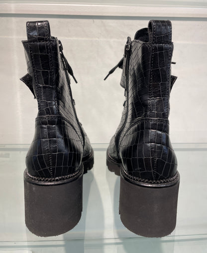 pg Paul Green New Croc Effect Black Leather Biker Style Block Heel Boots UK 4.5