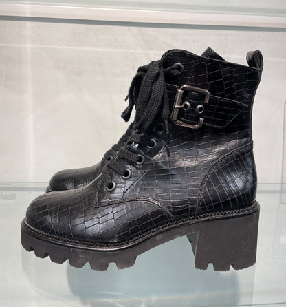 pg Paul Green New Croc Effect Black Leather Biker Style Block Heel Boots UK 4.5