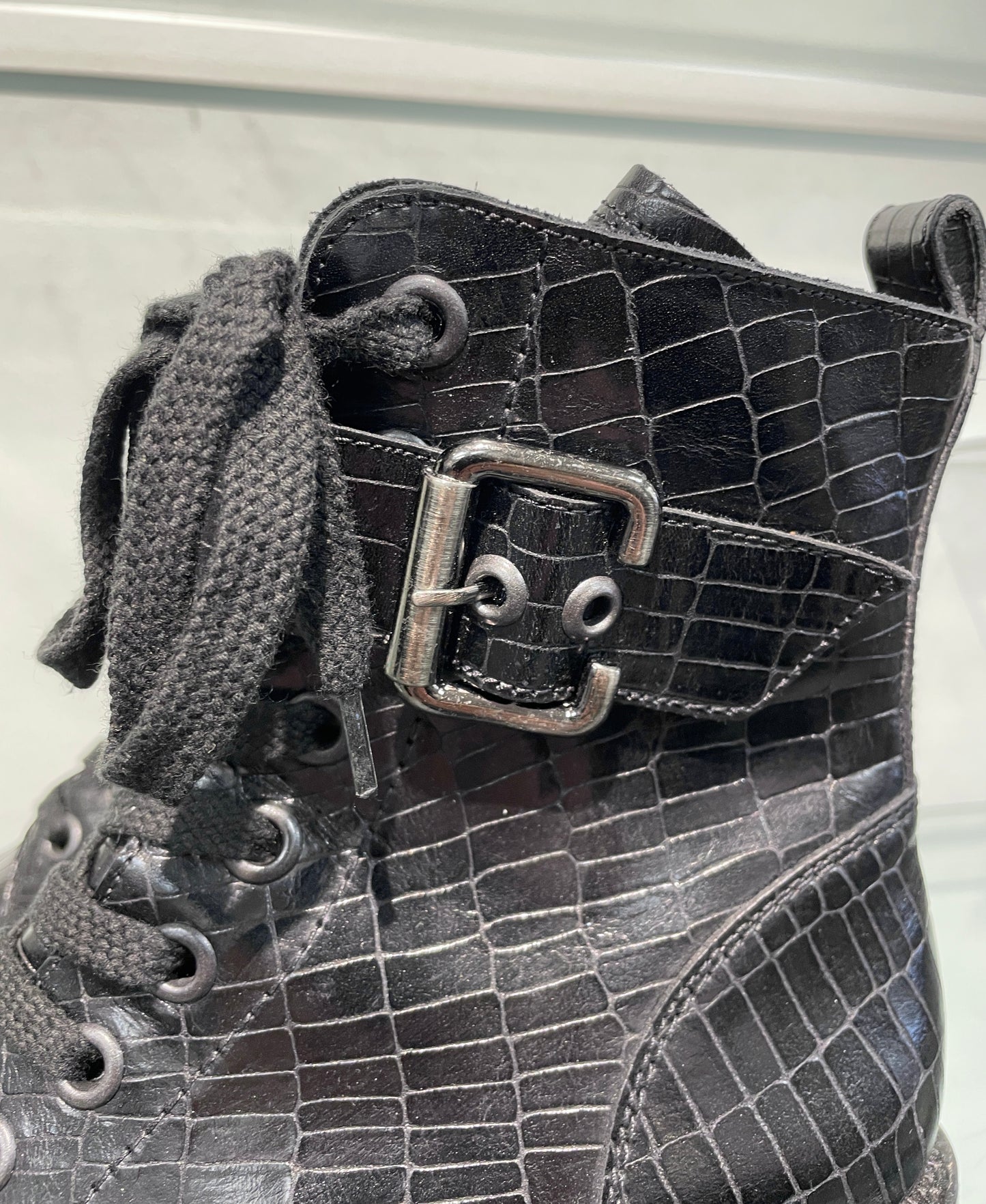 pg Paul Green New Croc Effect Black Leather Biker Style Block Heel Boots UK 4.5