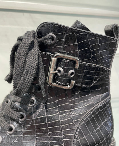pg Paul Green New Croc Effect Black Leather Biker Style Block Heel Boots UK 4.5