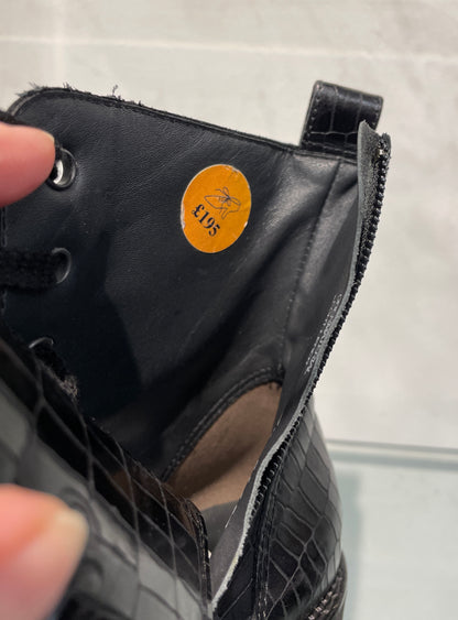 pg Paul Green New Croc Effect Black Leather Biker Style Block Heel Boots UK 4.5