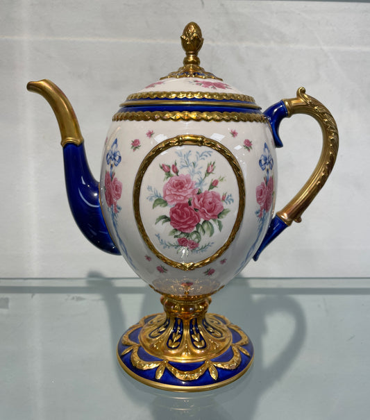 Vintage Faberge Egg Imperial Teapot with Pink Roses Design Navy & Gilt Accents