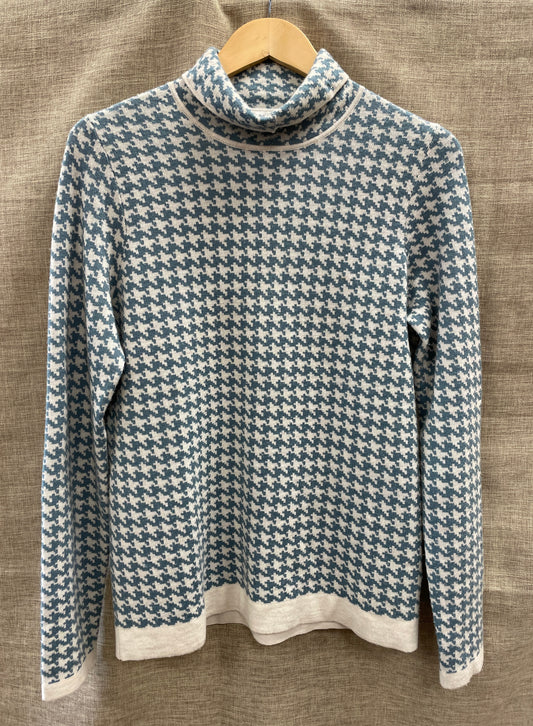 Jaeger Blue Cream Wool Dogtooth Houndtooth Polo Neck Jumper Large