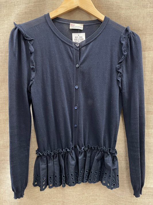 Red Valentino Navy Long Sleeve Broderie Anglaise Detail Cardigan Small