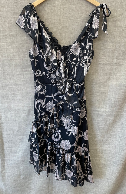 Bcbgmamaxazria Black Floral Pattern Asymmetric Short Dress Size 2 Extra Small