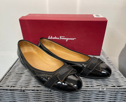 Salvador Ferragamo Black Patent Flat Ballet Pump Shoes Size 9 UK 6