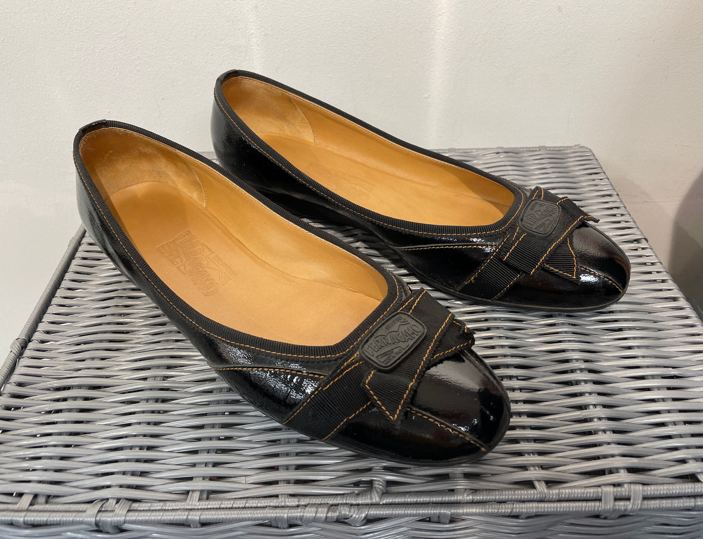 Salvador Ferragamo Black Patent Flat Ballet Pump Shoes Size 9 UK 6