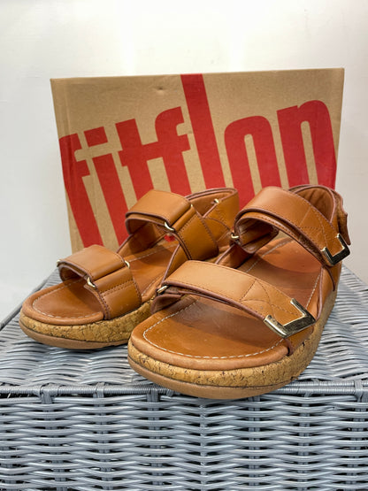 Fitflop Tan Brown Leather & Cork Wedge Flat Sandals UK 6