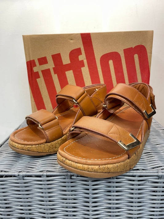Fitflop Tan Brown Leather & Cork Wedge Flat Sandals UK 6