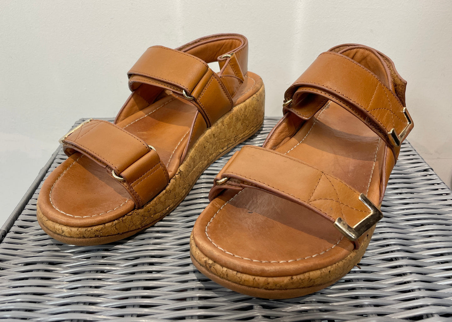 Fitflop Tan Brown Leather & Cork Wedge Flat Sandals UK 6