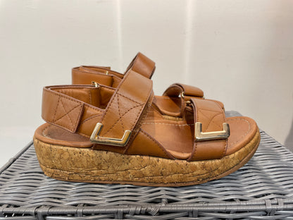 Fitflop Tan Brown Leather & Cork Wedge Flat Sandals UK 6