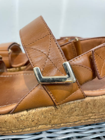 Fitflop Tan Brown Leather & Cork Wedge Flat Sandals UK 6