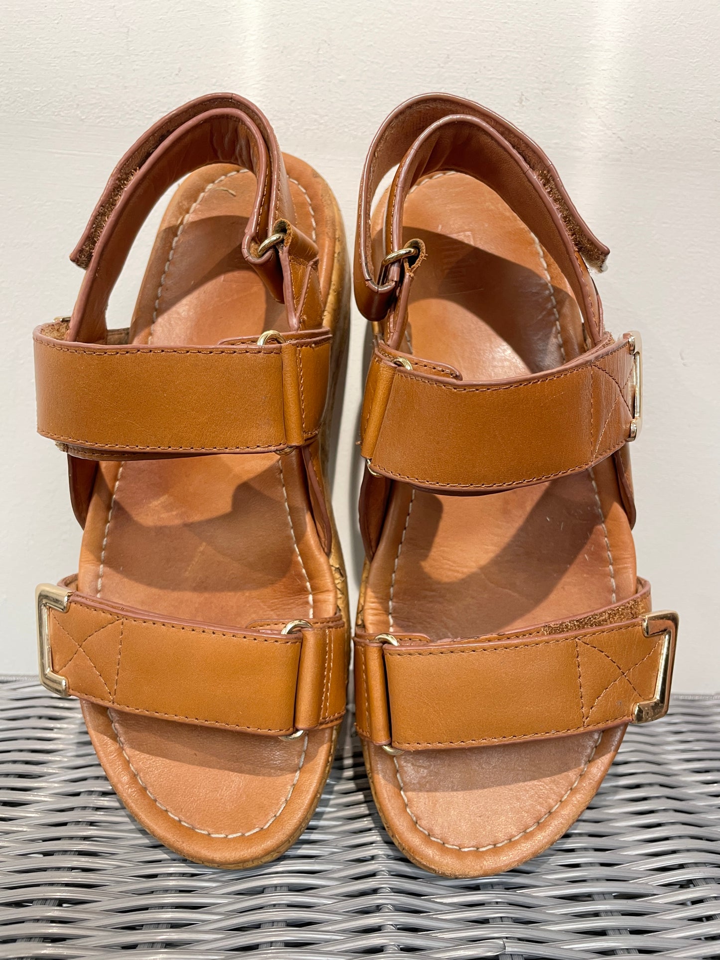 Fitflop Tan Brown Leather & Cork Wedge Flat Sandals UK 6