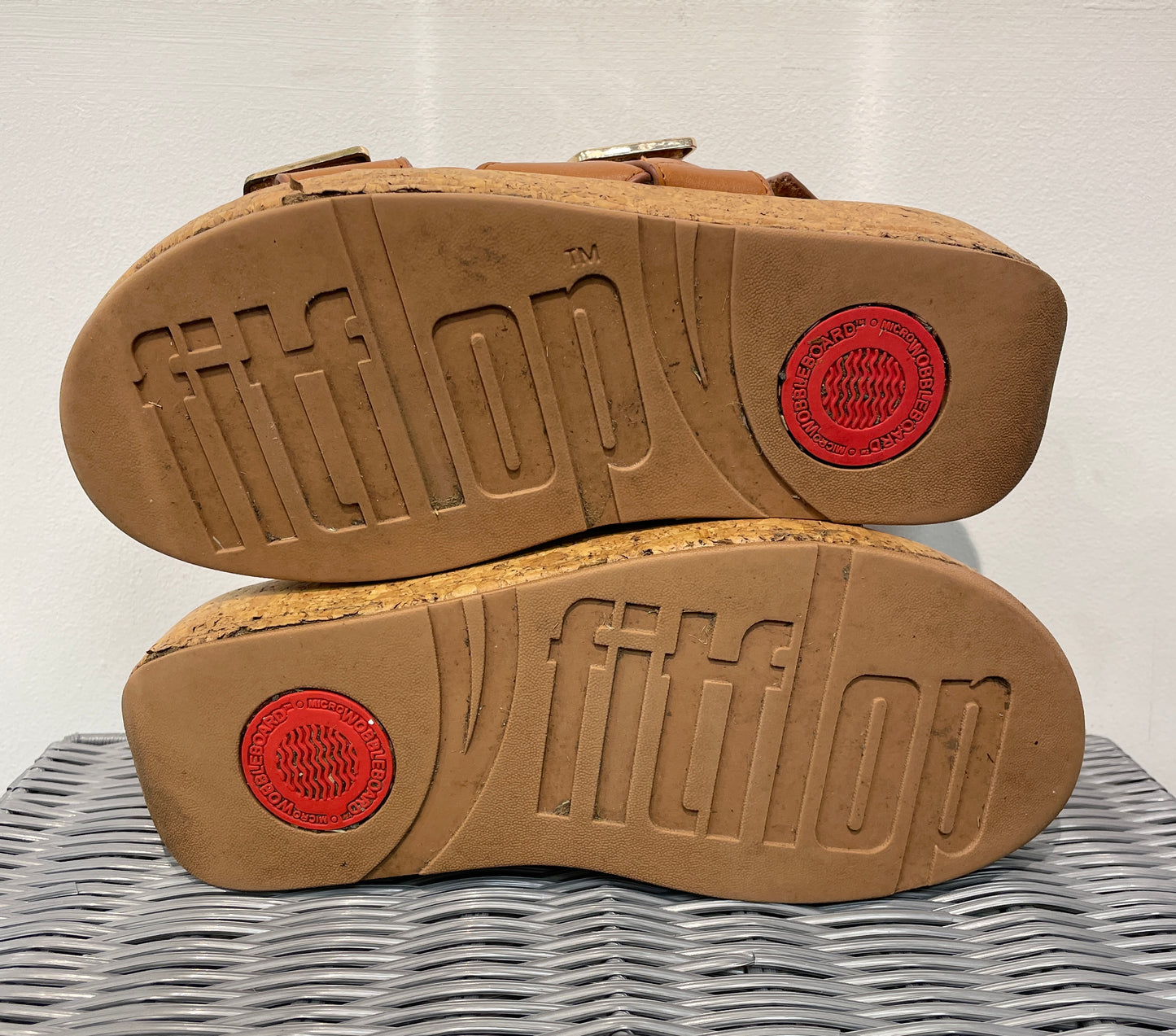 Fitflop Tan Brown Leather & Cork Wedge Flat Sandals UK 6