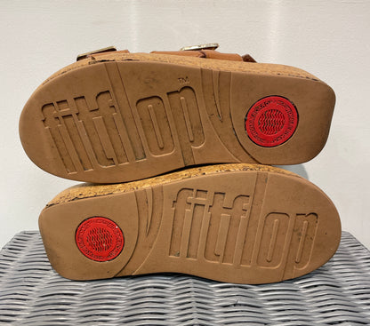 Fitflop Tan Brown Leather & Cork Wedge Flat Sandals UK 6