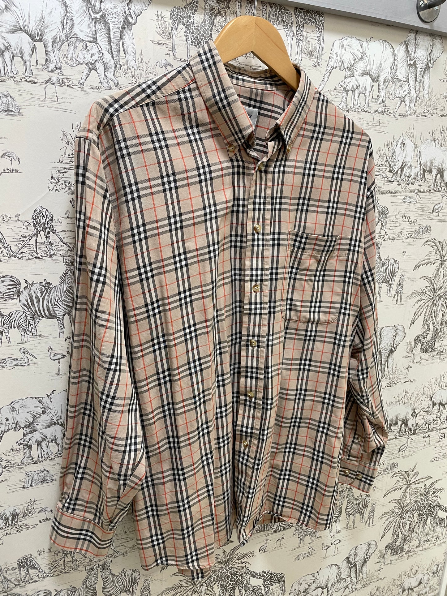 Vintage Burberrys Beige Black Red Nova Check Long Sleeve Shirt Large