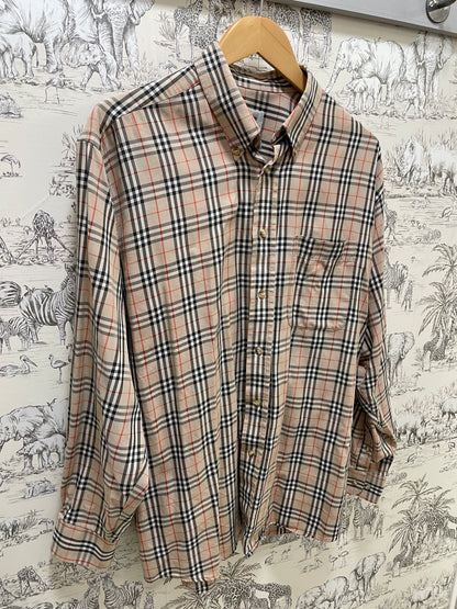 Vintage Burberrys Beige Black Red Nova Check Long Sleeve Shirt Large