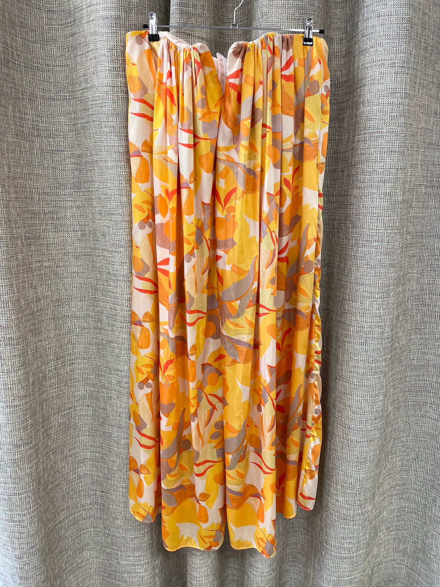 Acler Yellow Orange Beige Pattern Satin Strapless Maxi Dress Size 14