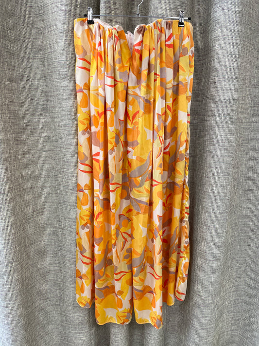 Acler Yellow Orange Beige Pattern Satin Strapless Maxi Dress Size 14