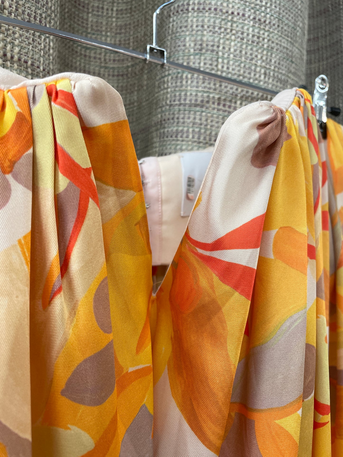 Acler Yellow Orange Beige Pattern Satin Strapless Maxi Dress Size 14