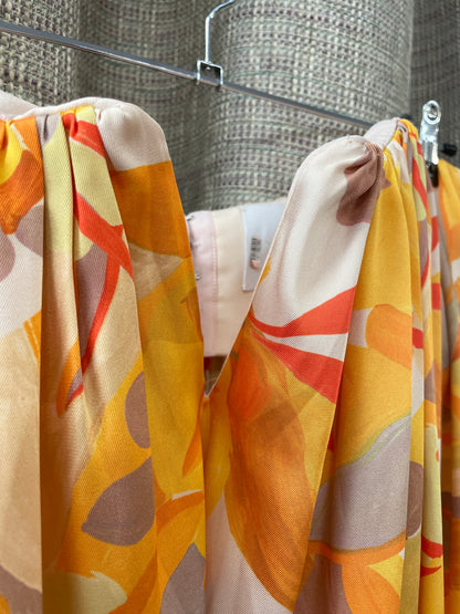 Acler Yellow Orange Beige Pattern Satin Strapless Maxi Dress Size 14