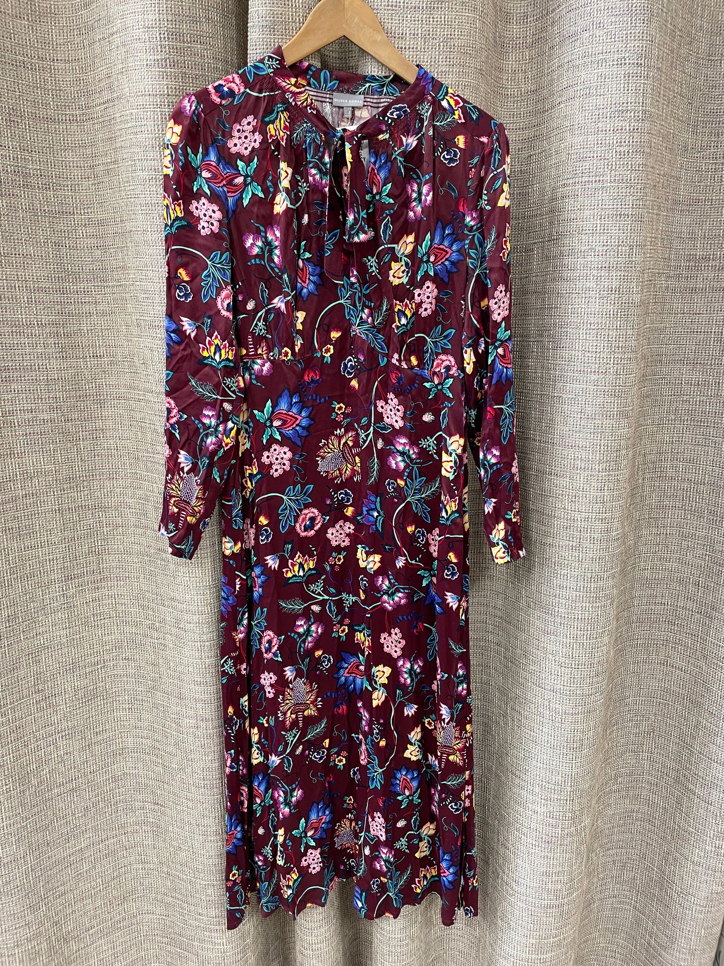 Oliver Bonas Purple Floral Pattern Satin Long Sleeve Midi Dress Size 10
