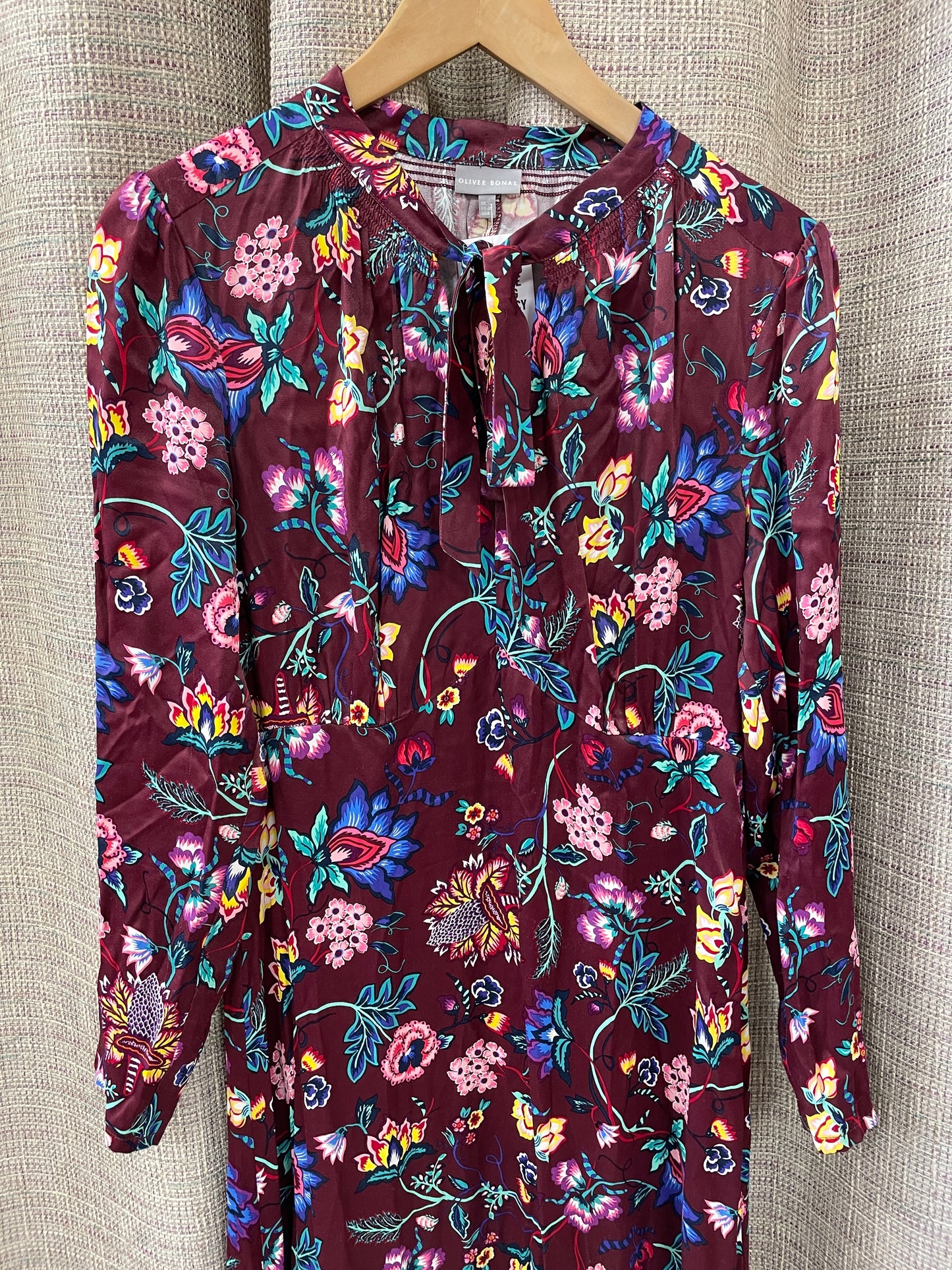 Oliver Bonas Purple Floral Pattern Satin Long Sleeve Midi Dress Size 10