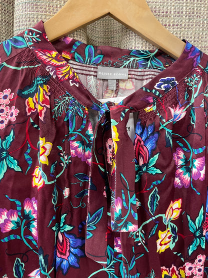 Oliver Bonas Purple Floral Pattern Satin Long Sleeve Midi Dress Size 10