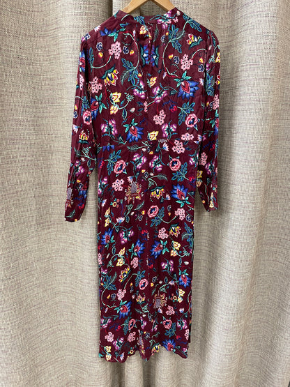 Oliver Bonas Purple Floral Pattern Satin Long Sleeve Midi Dress Size 10