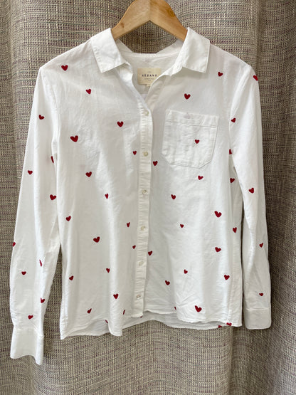 Sezane Off White Cream Red Hearts Embroidered Shirt Size 36 Small