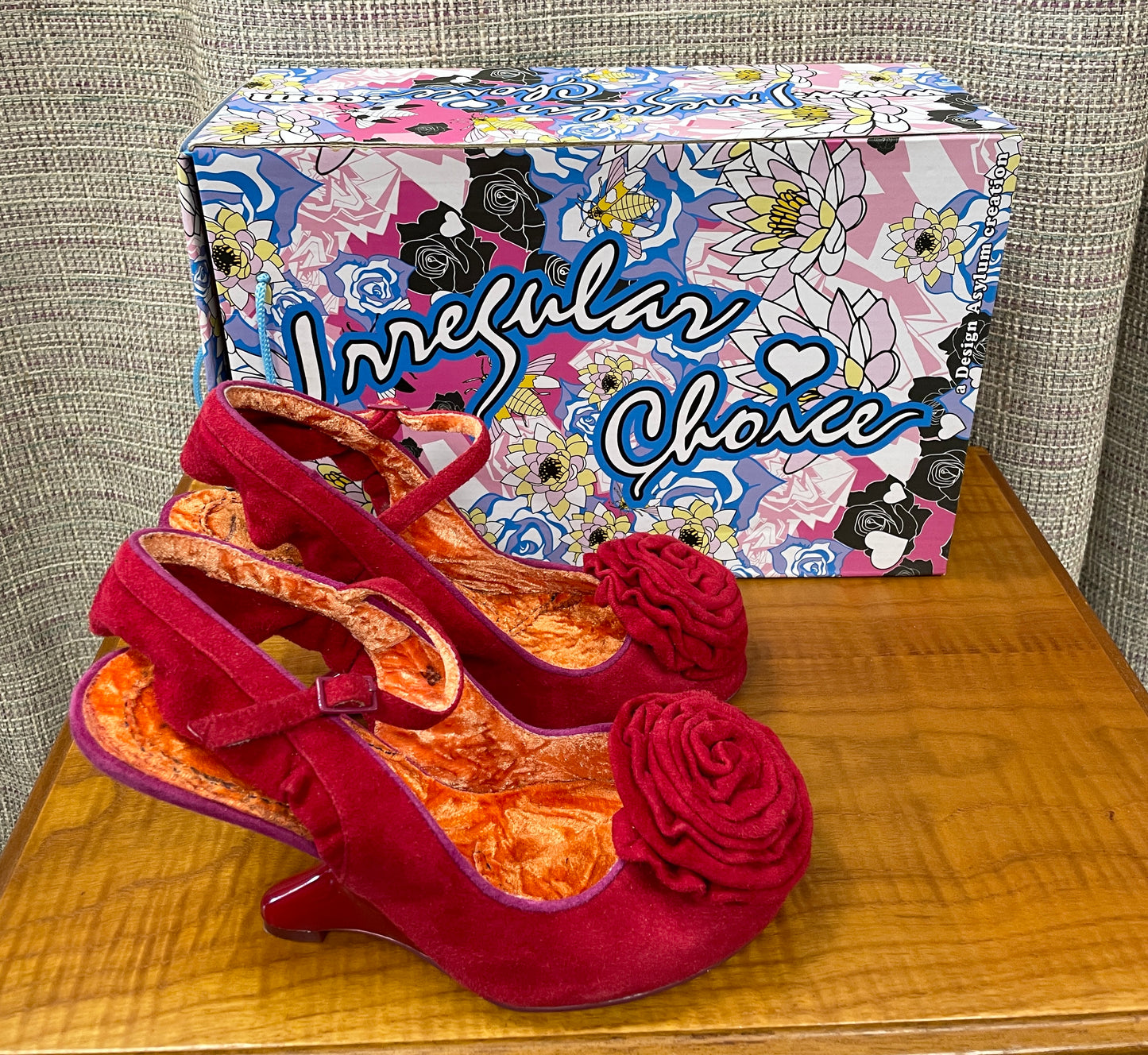 Irregular Choice Red Suede Heeled Sling Back Shoes with Floral Detail Size 5
