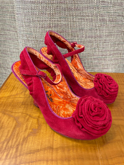 Irregular Choice Red Suede Heeled Sling Back Shoes with Floral Detail Size 5