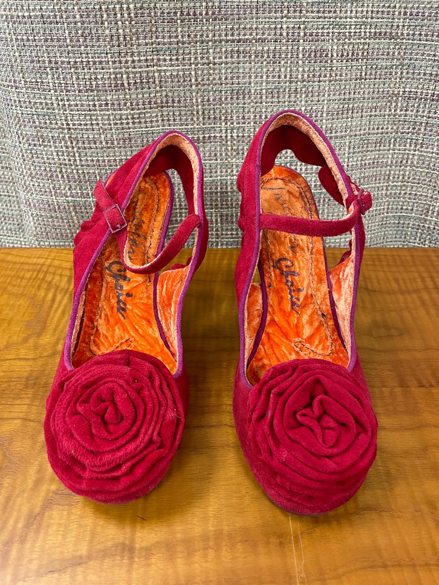 Irregular Choice Red Suede Heeled Sling Back Shoes with Floral Detail Size 5