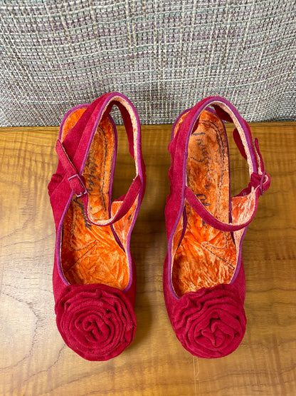 Irregular Choice Red Suede Heeled Sling Back Shoes with Floral Detail Size 5