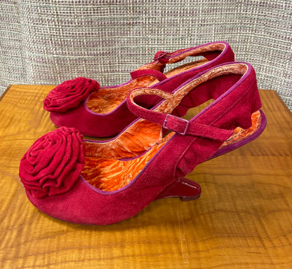 Irregular Choice Red Suede Heeled Sling Back Shoes with Floral Detail Size 5