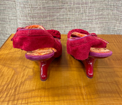 Irregular Choice Red Suede Heeled Sling Back Shoes with Floral Detail Size 5