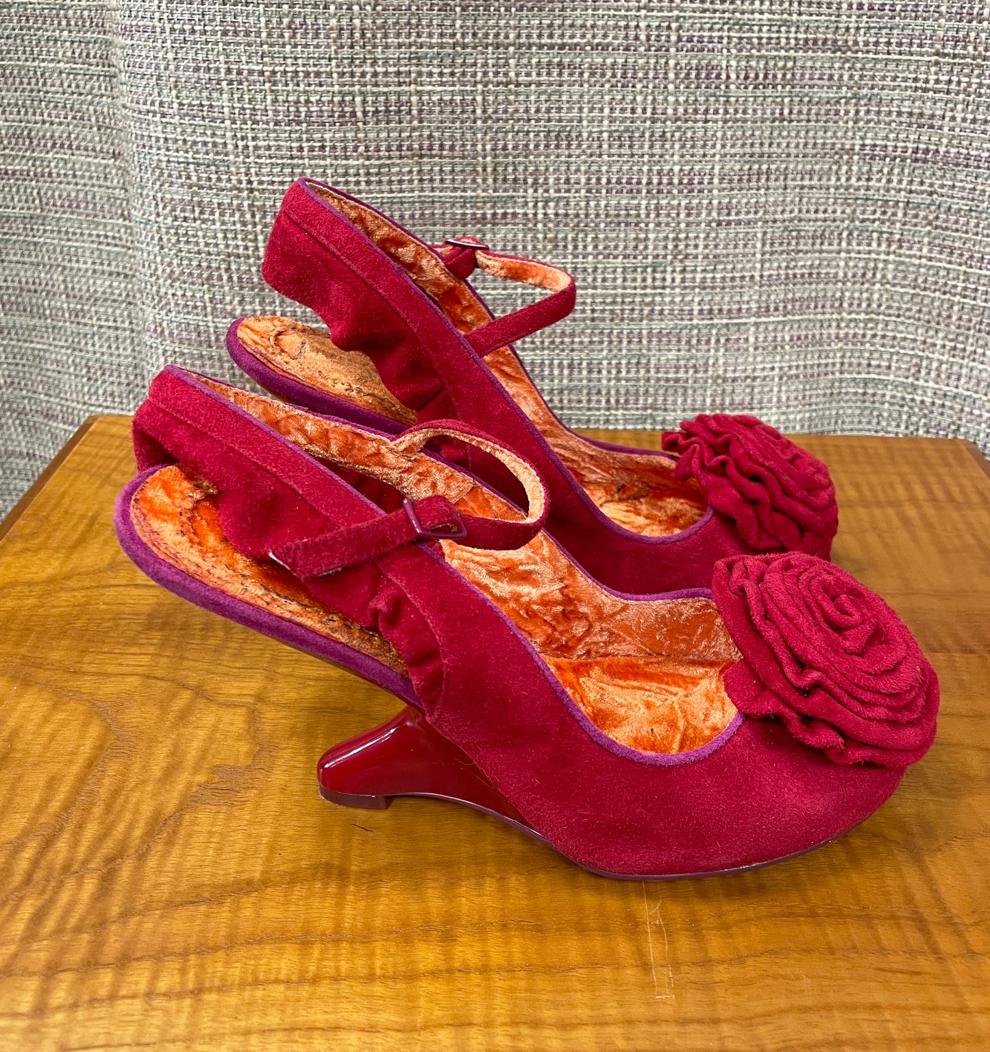 Irregular Choice Red Suede Heeled Sling Back Shoes with Floral Detail Size 5