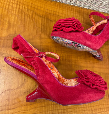 Irregular Choice Red Suede Heeled Sling Back Shoes with Floral Detail Size 5