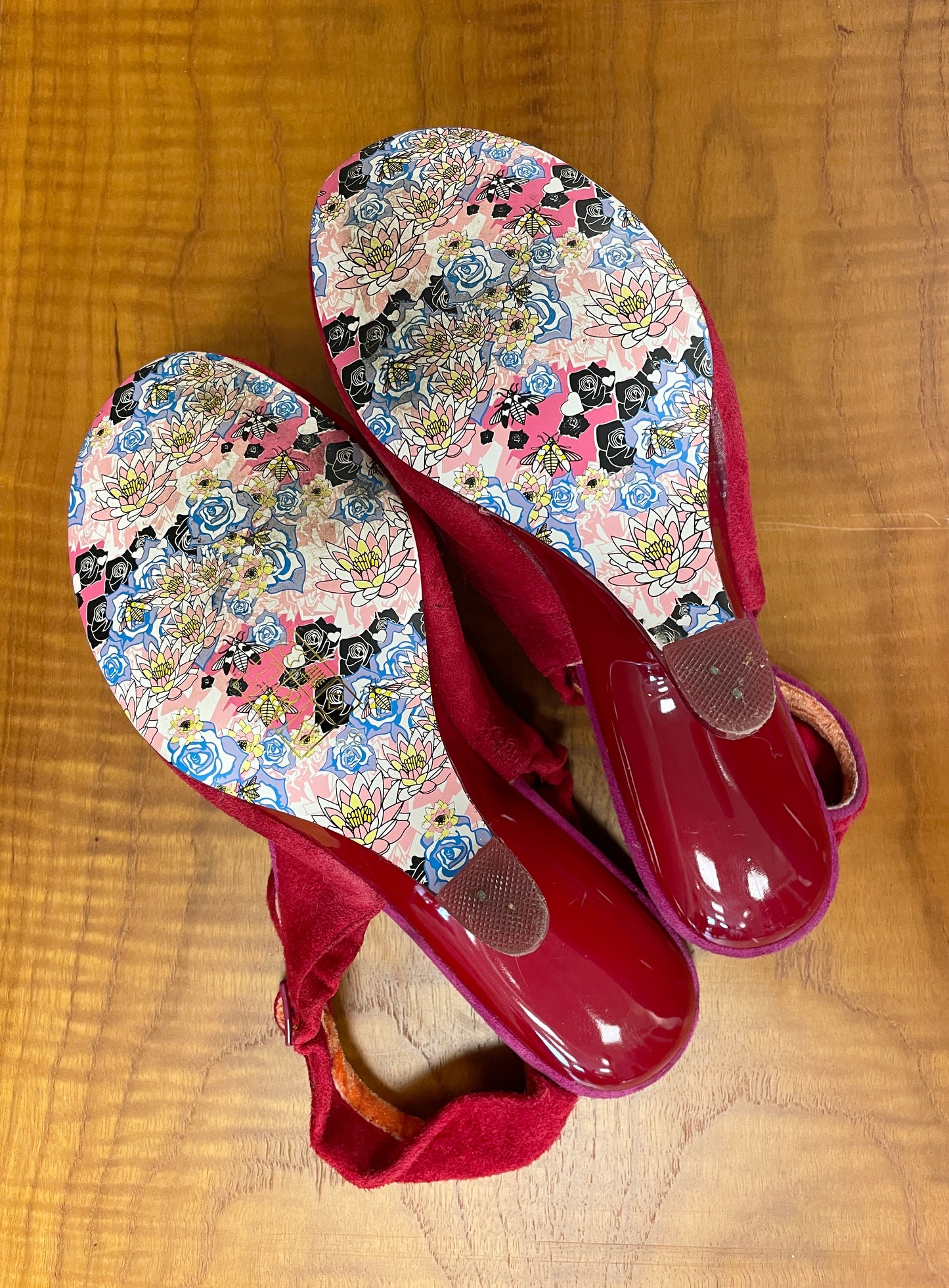 Irregular Choice Red Suede Heeled Sling Back Shoes with Floral Detail Size 5