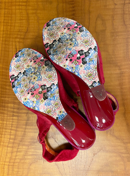 Irregular Choice Red Suede Heeled Sling Back Shoes with Floral Detail Size 5
