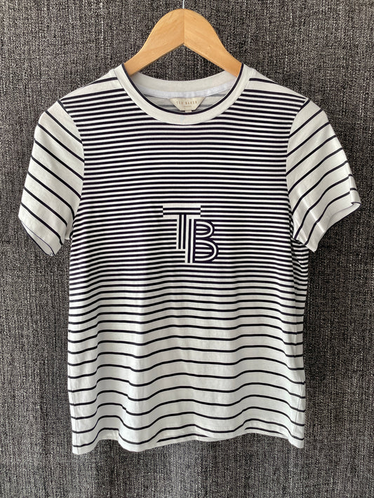 Ted Baker Navy & Cream Stripe Logo T-Shirt Top Size 0 UK 6