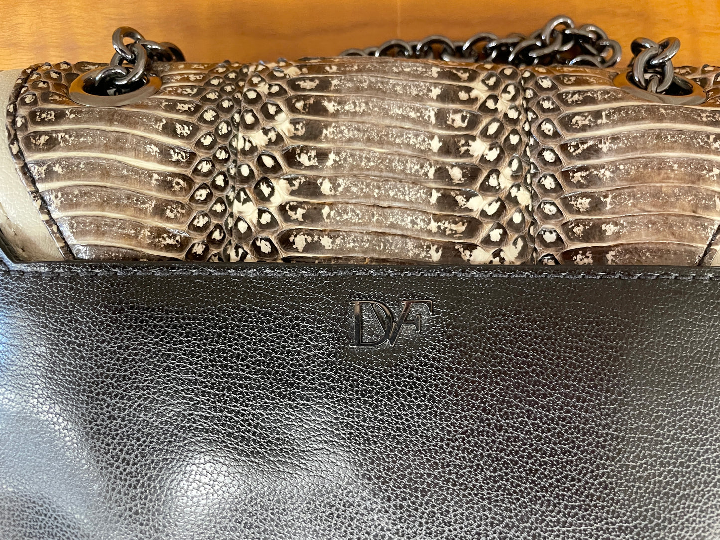 Diane Von Furstenberg Black Beige Ombre Snakeskin Leather Bag Handbag
