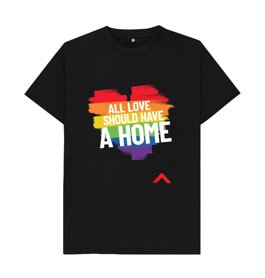 Black slogan T sShirt with 'All Love Should Have a Home' across a rainbow flag in a heart shape