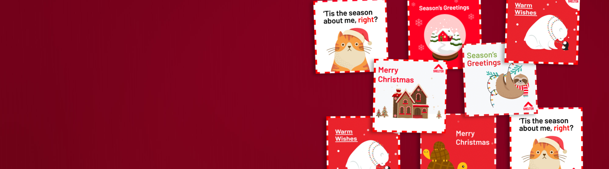 Red background with an array of ecard designs overlaid. Designs include festive images and greetings.